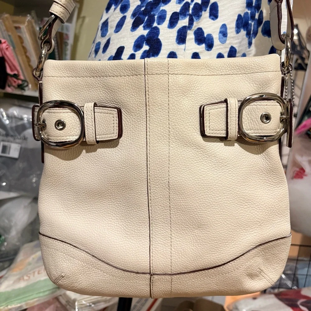 Coach Cream Leather Crossbody Bag with Silver Buckles - Picture 1 of 14